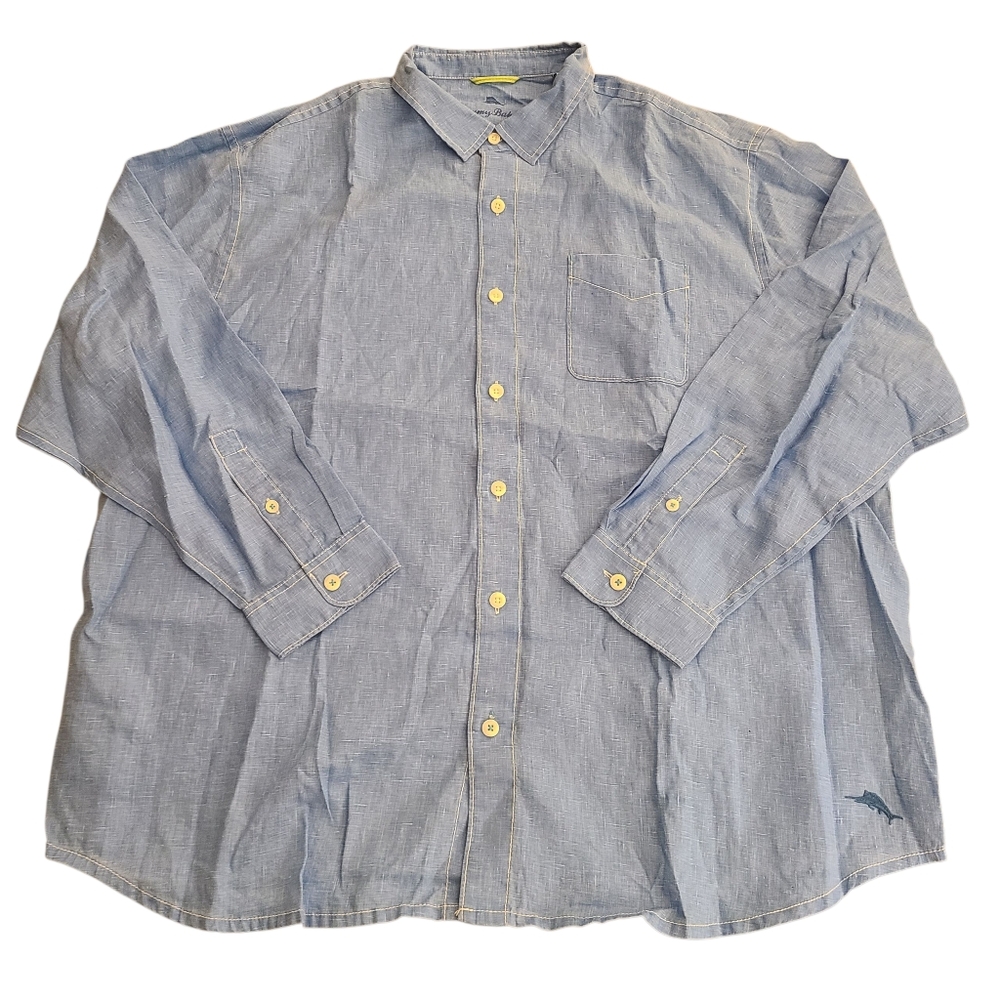 Tommy Bahama Men's 2XLB Light Blue Long Sleeve 100% Linen Button Up Beach Shirt